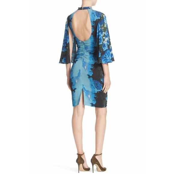 $348 Tracy Reese Blue Foral Cutout Back Flutter Sleeve Ruched Dress 2 NWT - Picture 2 of 16